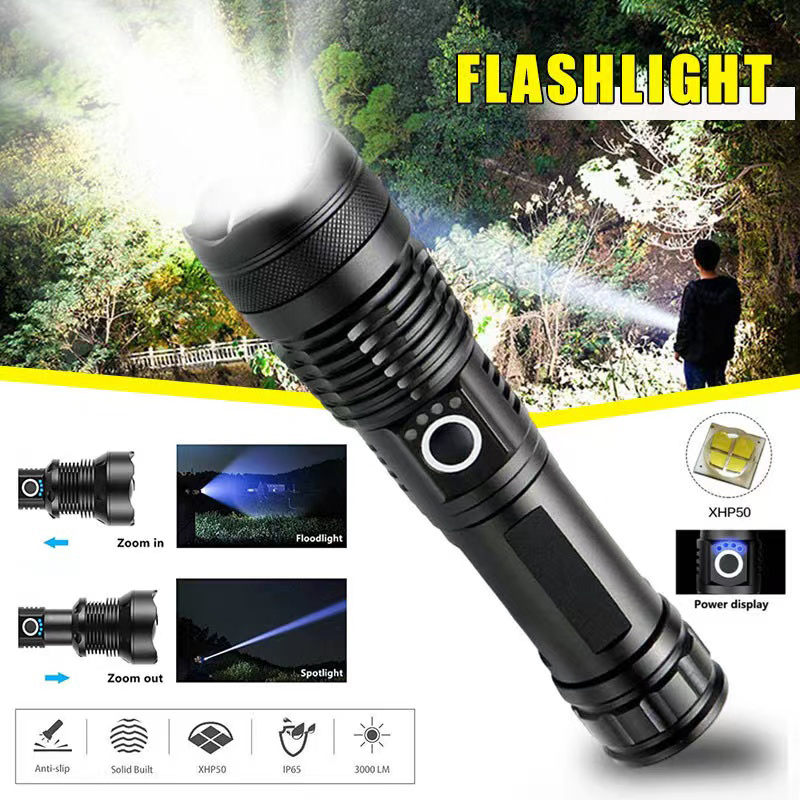 Tactical Flashlight Rechargeable - عالية الطاقة XHP70 مصباح ليد جيب